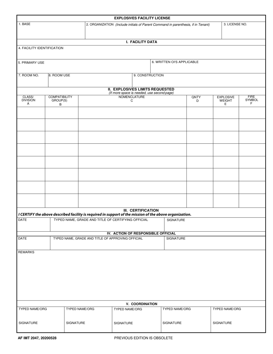 AF IMT Form 2047 Explosives Facility License, Page 1