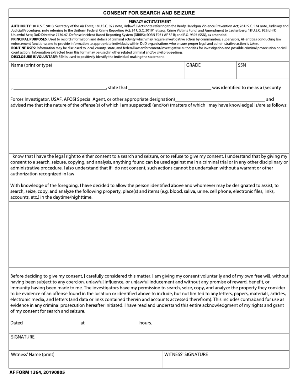 AF Form 1364 Consent for Search and Seizure, Page 1