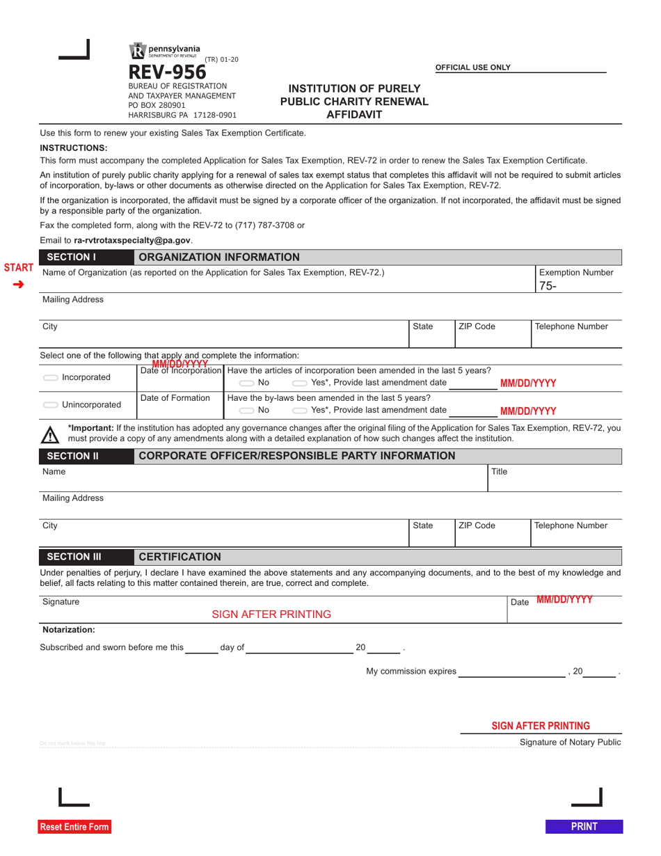 Form REV-956 Download Fillable PDF or Fill Online Institution of Purely