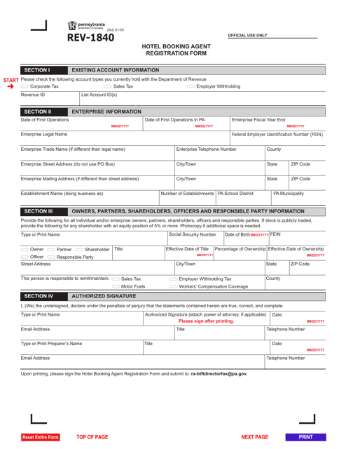 Form REV-1840 Hotel Booking Agent Registration Form - Pennsylvania
