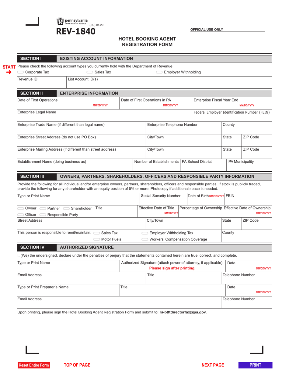 Form REV-1840 Hotel Booking Agent Registration Form - Pennsylvania, Page 1