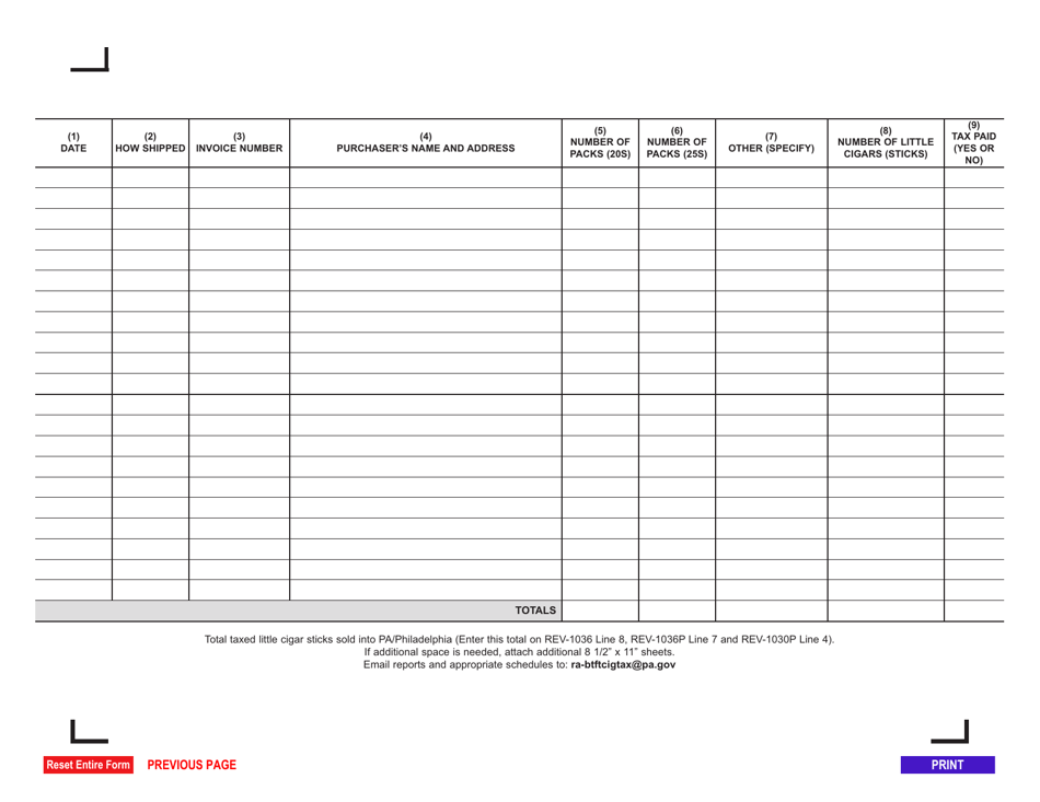 Form REV-1032A Schedule D Little Cigars Sold Into Pa / Philadelphia - Pennsylvania, Page 2