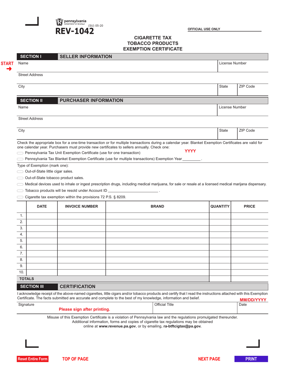 Form REV-1042 Cigarette Tax / Tobacco Products Exemption Certificate - Pennsylvania, Page 1