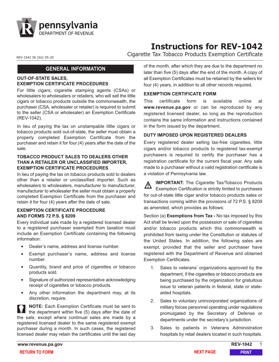 Form REV-1042 Cigarette Tax / Tobacco Products Exemption Certificate - Pennsylvania, Page 3