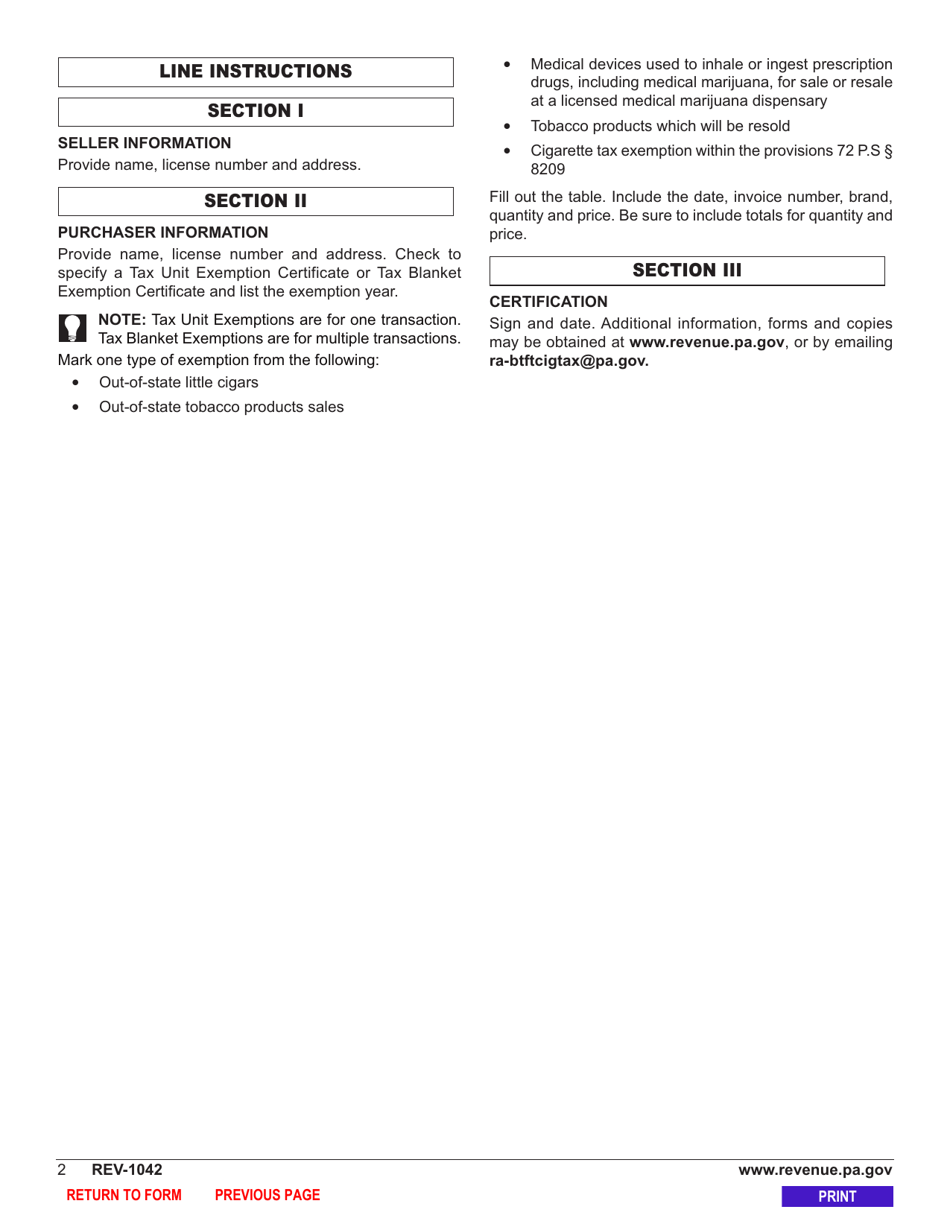 Form REV-1042 Cigarette Tax / Tobacco Products Exemption Certificate - Pennsylvania, Page 4