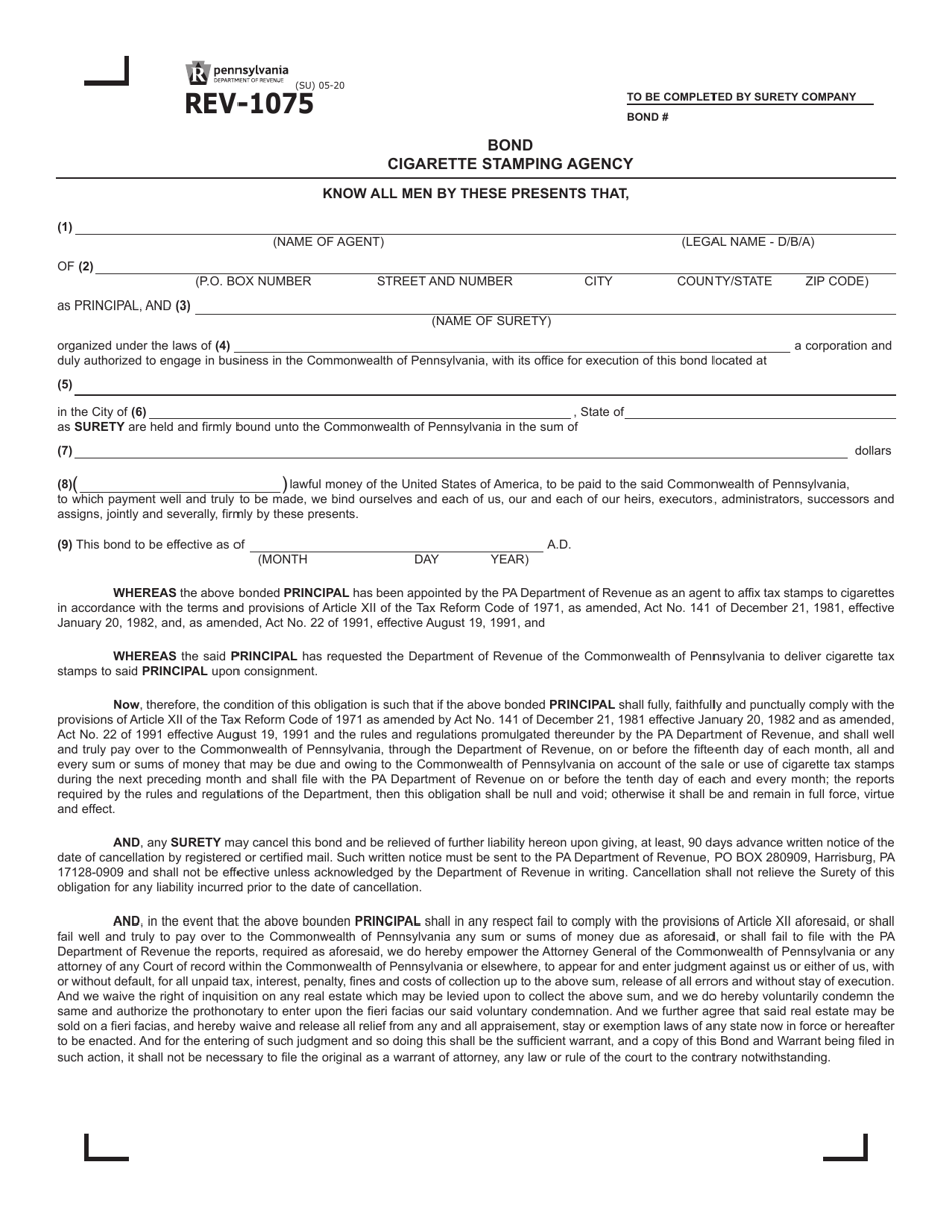 Form REV-1075 Bond Cigarette Stamping Agency - Pennsylvania, Page 1