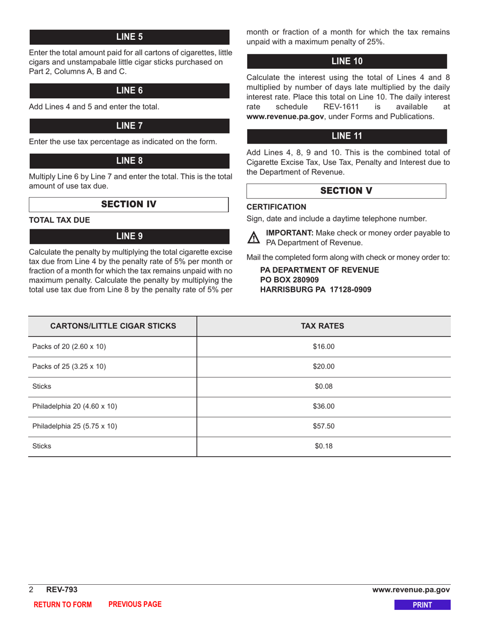 Form REV-793 Consumer Cigarette Use / Excise Tax Return - Pennsylvania, Page 4