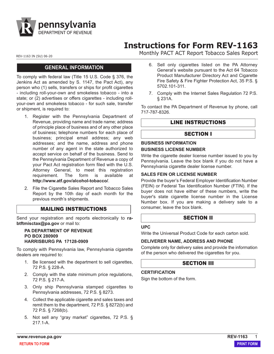 Form REV-1163 Monthly Pact Act Report - Cigarette Sales Report - Pennsylvania, Page 3