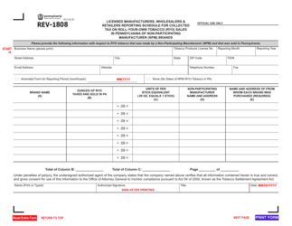 Document preview: Form REV-1808 Licensed Manufacturers, Wholesalers & Retailers Reporting Schedule for Collected Tax on Roll-Your-Own Tobacco (Ryo) Sales in Pennsylvania of Non-participating Manufacturer (Npm) Brands - Pennsylvania
