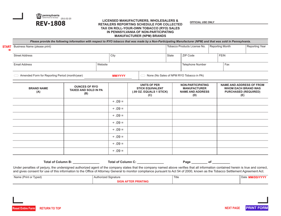 Form REV-1808 Licensed Manufacturers, Wholesalers  Retailers Reporting Schedule for Collected Tax on Roll-Your-Own Tobacco (Ryo) Sales in Pennsylvania of Non-participating Manufacturer (Npm) Brands - Pennsylvania, Page 1