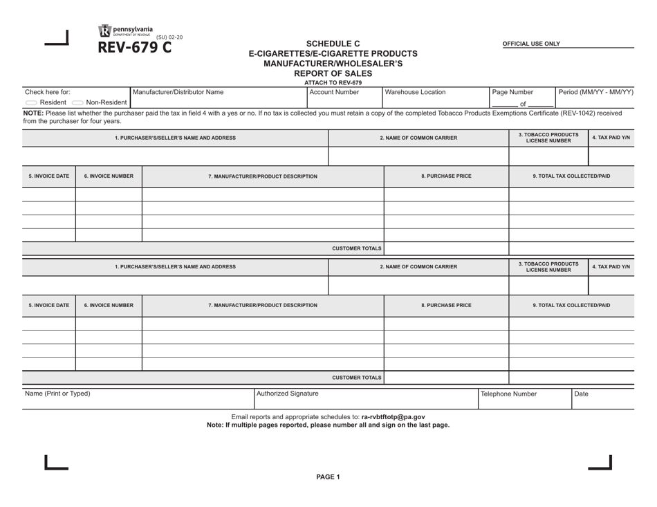 Form REV-679 C Schedule C E-Cigarettes / E-Cigarette Products Manufacturer / Wholesalers Report of Sales - Pennsylvania, Page 1