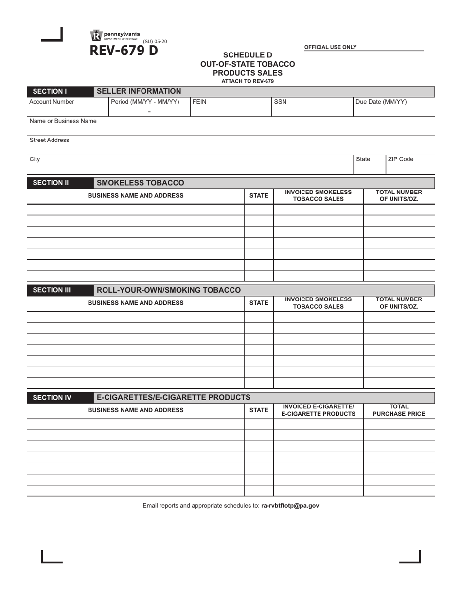 Form REV-679 D Schedule D Out-of-State Tobacco Products Sales - Pennsylvania, Page 1