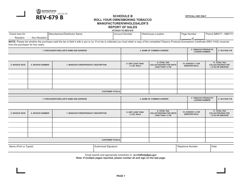Form REV-679 B Schedule B Roll Your Own / Smoking Tobacco Manufacturer / Wholesalers Report of Sales - Pennsylvania, Page 1