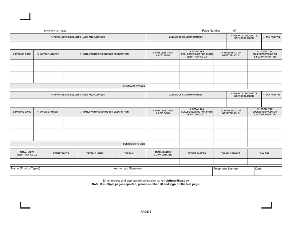 Form REV-679 B Schedule B Roll Your Own / Smoking Tobacco Manufacturer / Wholesalers Report of Sales - Pennsylvania, Page 2