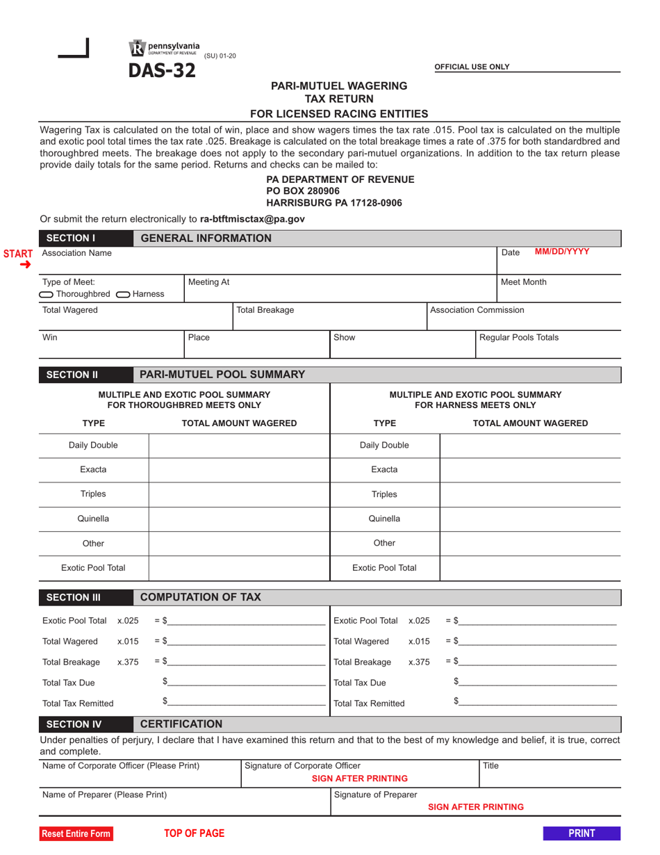 Form DAS-32 Pari-Mutuel Wagering Tax Return - for Licensed Racing Entities - Pennsylvania, Page 1