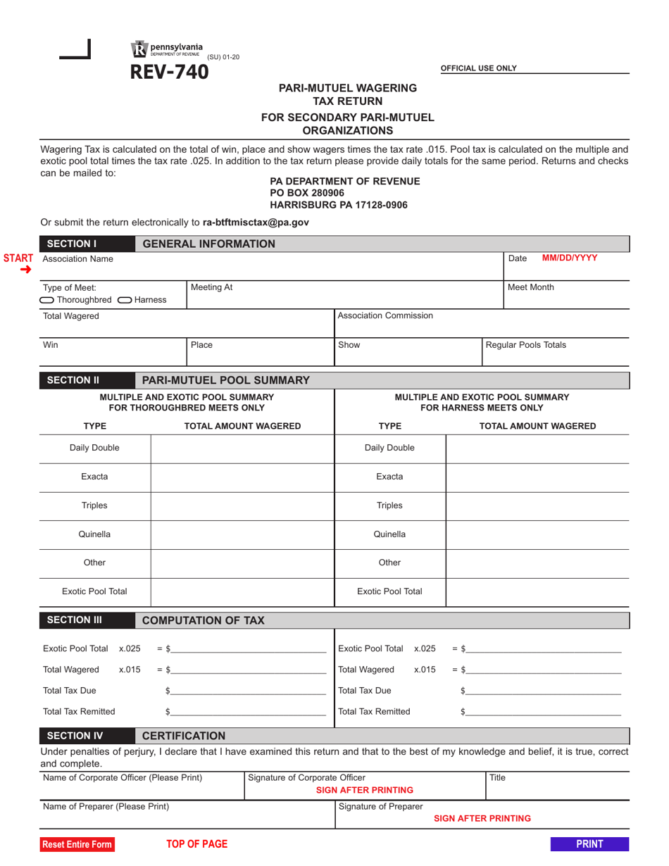 Form REV-740 Pari-Mutuel Wagering Tax Return - for Secondary Pari-Mutuel Organizations - Pennsylvania, Page 1