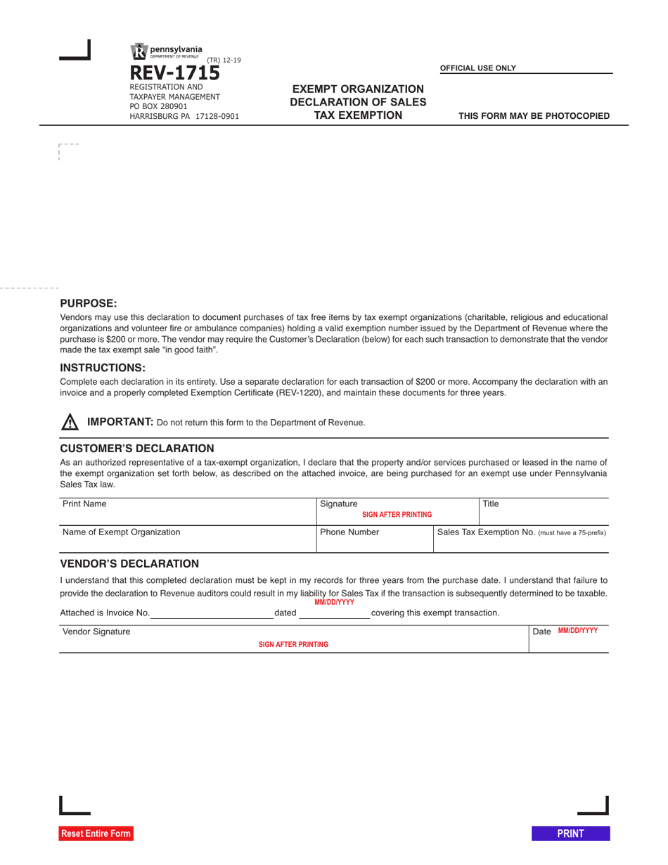 Form REV-1715 Exempt Organization Declaration of Sales Tax Exemption - Pennsylvania, Page 1