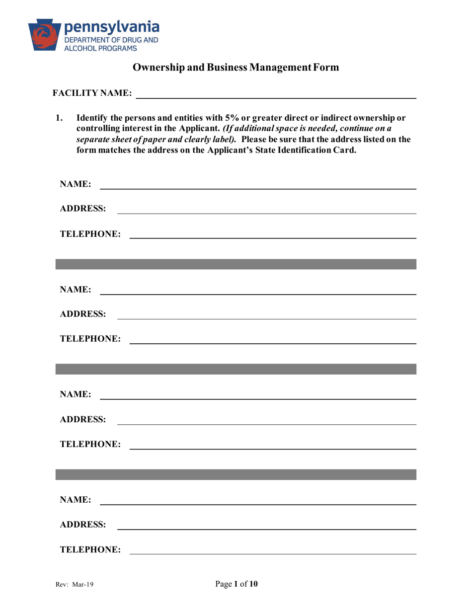 Ownership and Business Management Form - Pennsylvania, Page 1