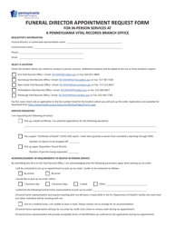 Document preview: Form HD002210 Funeral Director Appointment Request Form for in-Person Services at a Pennsylvania Vital Records Branch Office - Pennsylvania