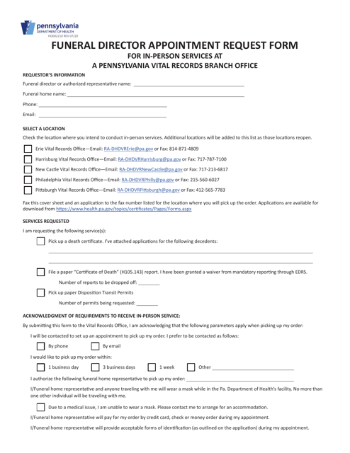 Form HD002210 Funeral Director Appointment Request Form for in-Person Services at a Pennsylvania Vital Records Branch Office - Pennsylvania