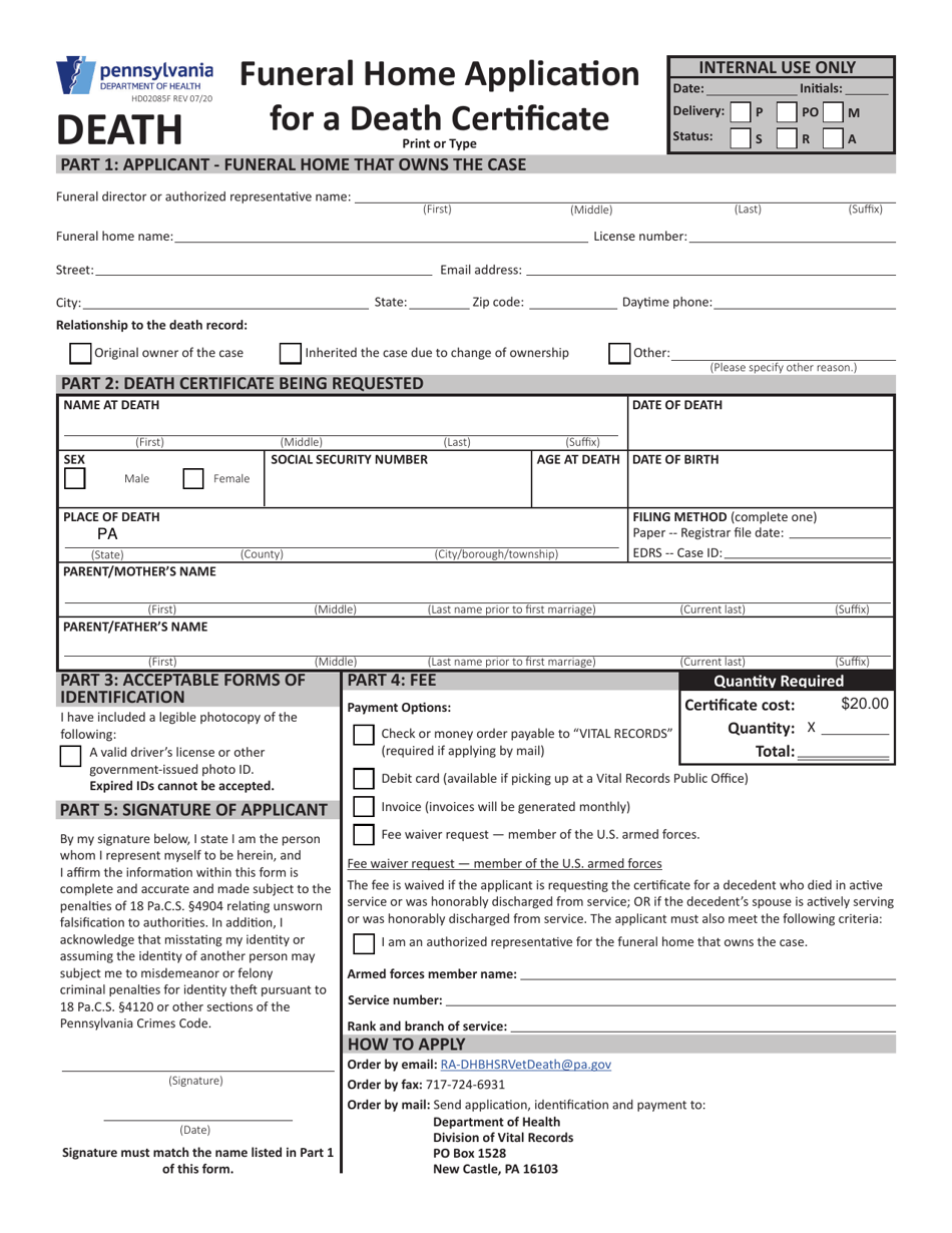 Form HD02085F Funeral Home Application for a Death Certificate - Pennsylvania, Page 1