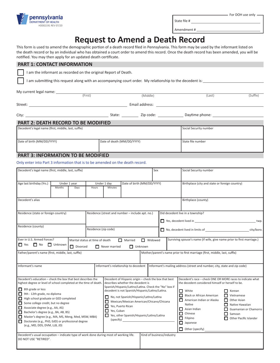 Form HD002191 Request to Amend a Death Record - Pennsylvania, Page 1