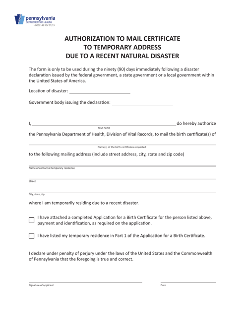 Form HD002148 Authorization to Mail Certificate to Temporary Address Due to a Recent Natural Disaster - Pennsylvania