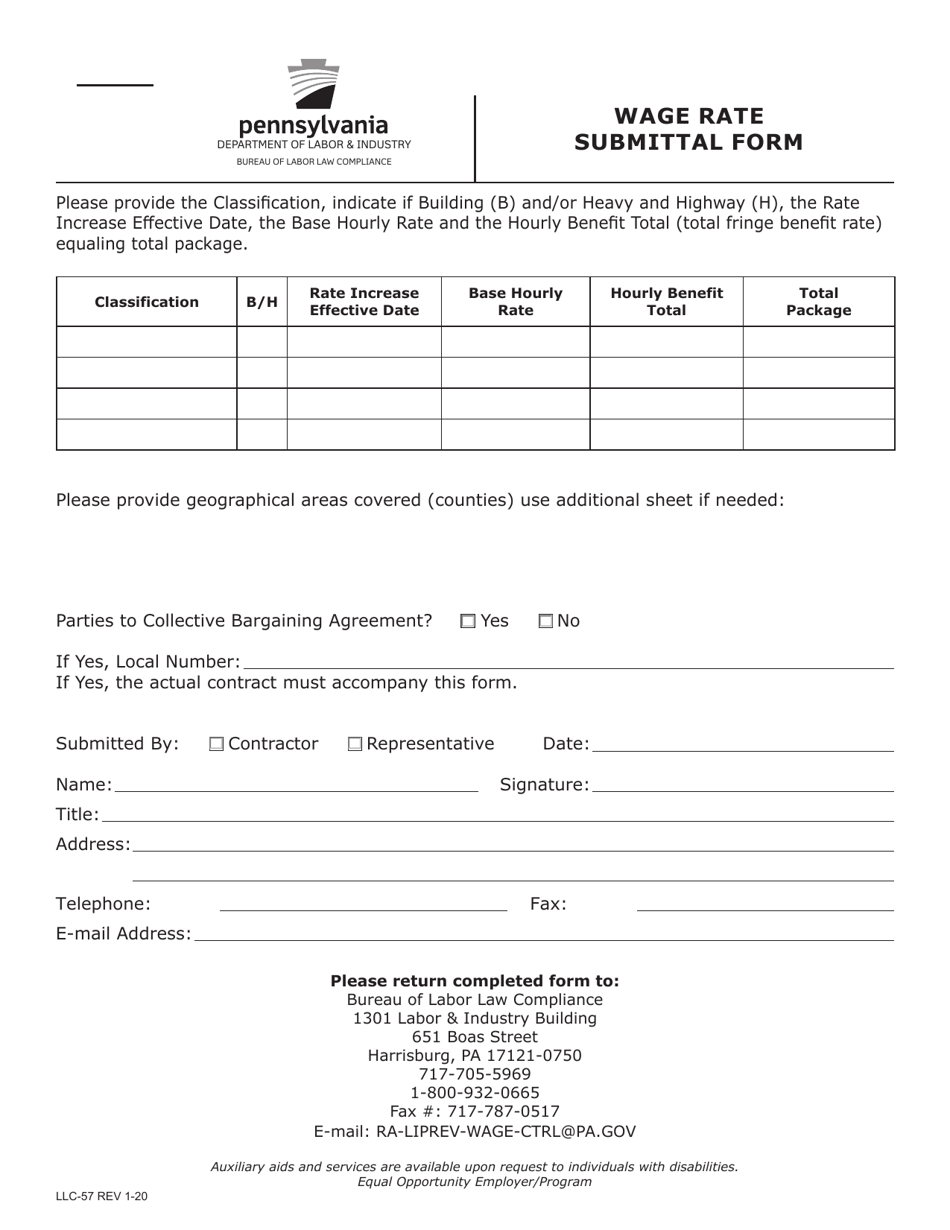 Form LCC-57 Wage Rate Submittal Form - Pennsylvania, Page 1
