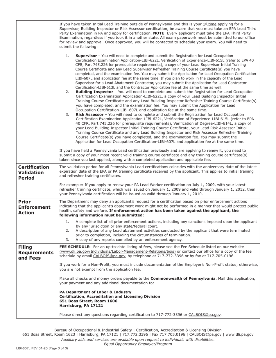 Form LIBI-607L Application for Lead Occupation Certification - Pennsylvania, Page 3