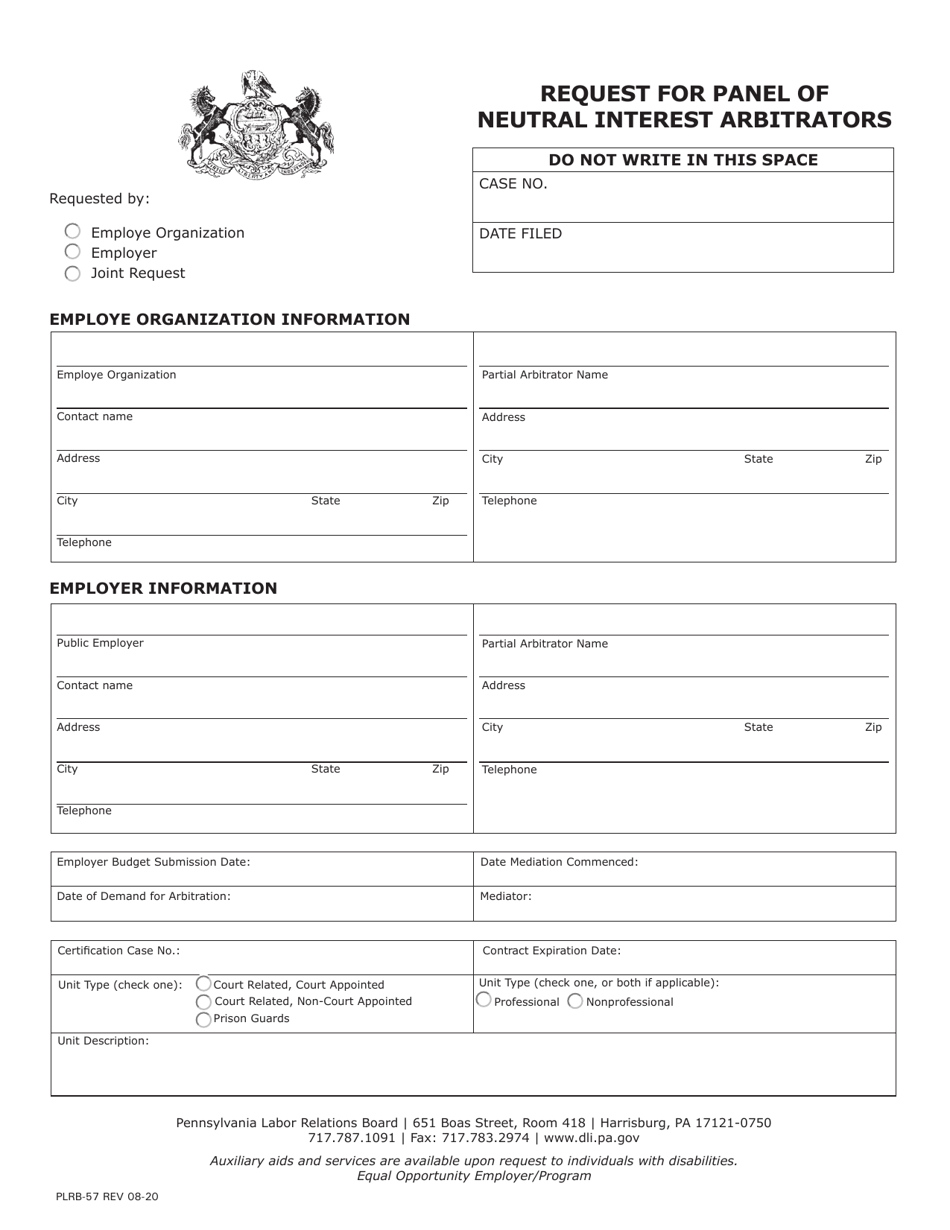 Form PLRB-57 Request for Panel of Neutral Interest Arbitrators - Pennsylvania, Page 1
