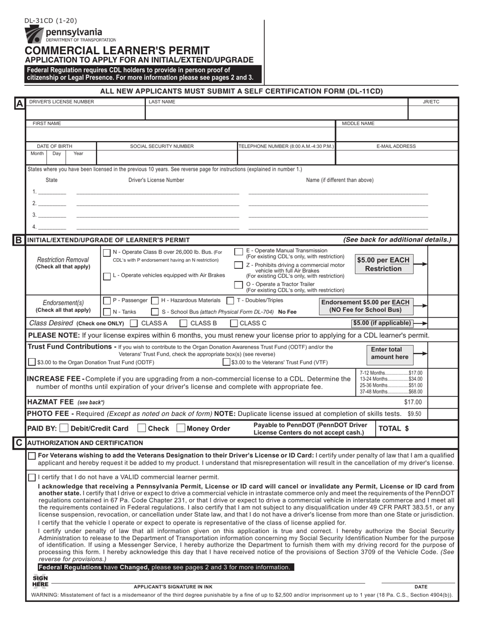Form DL-31CD Commercial Learners Permit Application - Pennsylvania, Page 1