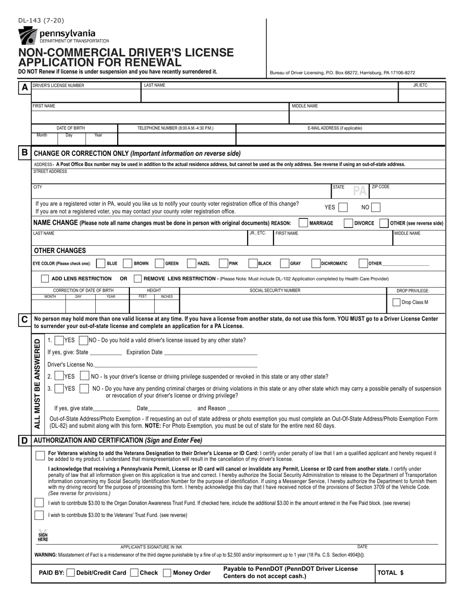 Form DL-143 Non-commercial Drivers License Application for Renewal - Pennsylvania, Page 1