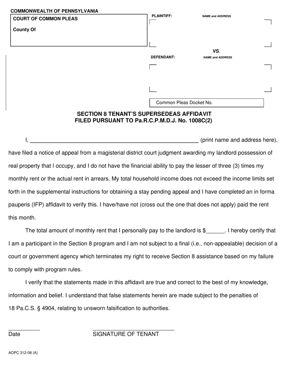 Form AOPC312-08 (A) Section 8 Tenant's Supersedeas Affidavit Filed Pursuant to Pa.r.c.p.m.d.j. No. 1008c(2) - Pennsylvania, Page 1