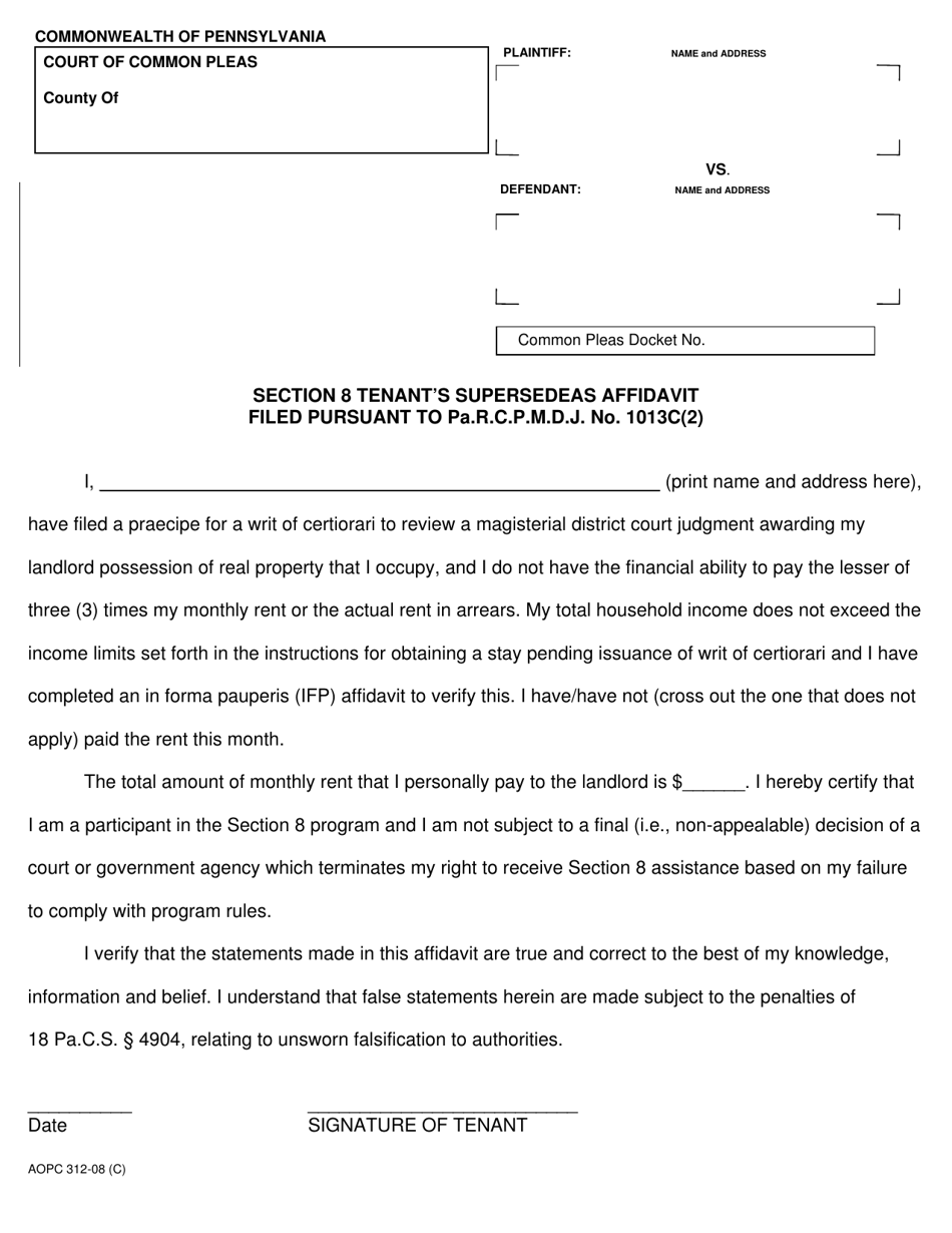 Form AOPC312-08 (C) Section 8 Tenants Supersedeas Affidavit Filed Pursuant to Pa.r.c.p.m.d.j. No. 1013c(2) - Pennsylvania, Page 1