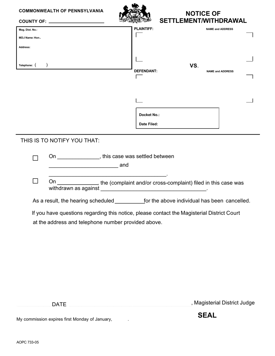 Form AOPC733-05 Notice of Settlement / Withdrawal - Pennsylvania, Page 1