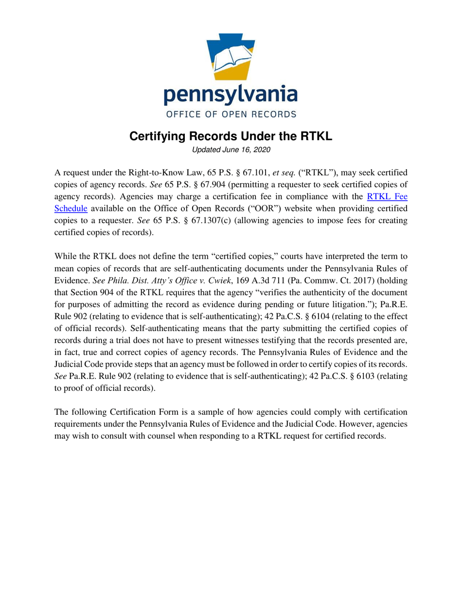 Certifying Records Under the Rtkl - Pennsylvania, Page 1