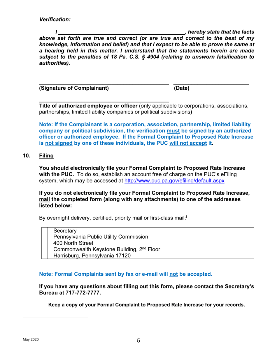 Formal Complaint to Proposed Rate Increase - Pennsylvania, Page 5