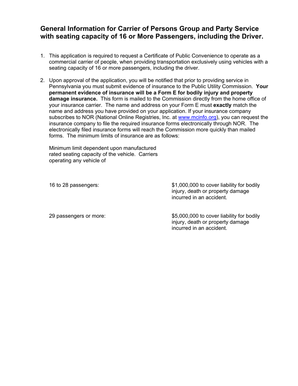 Application for Motor Common Carrier of Persons in Group and Party Service of 16 or More Passengers, Including the Driver - Pennsylvania, Page 2