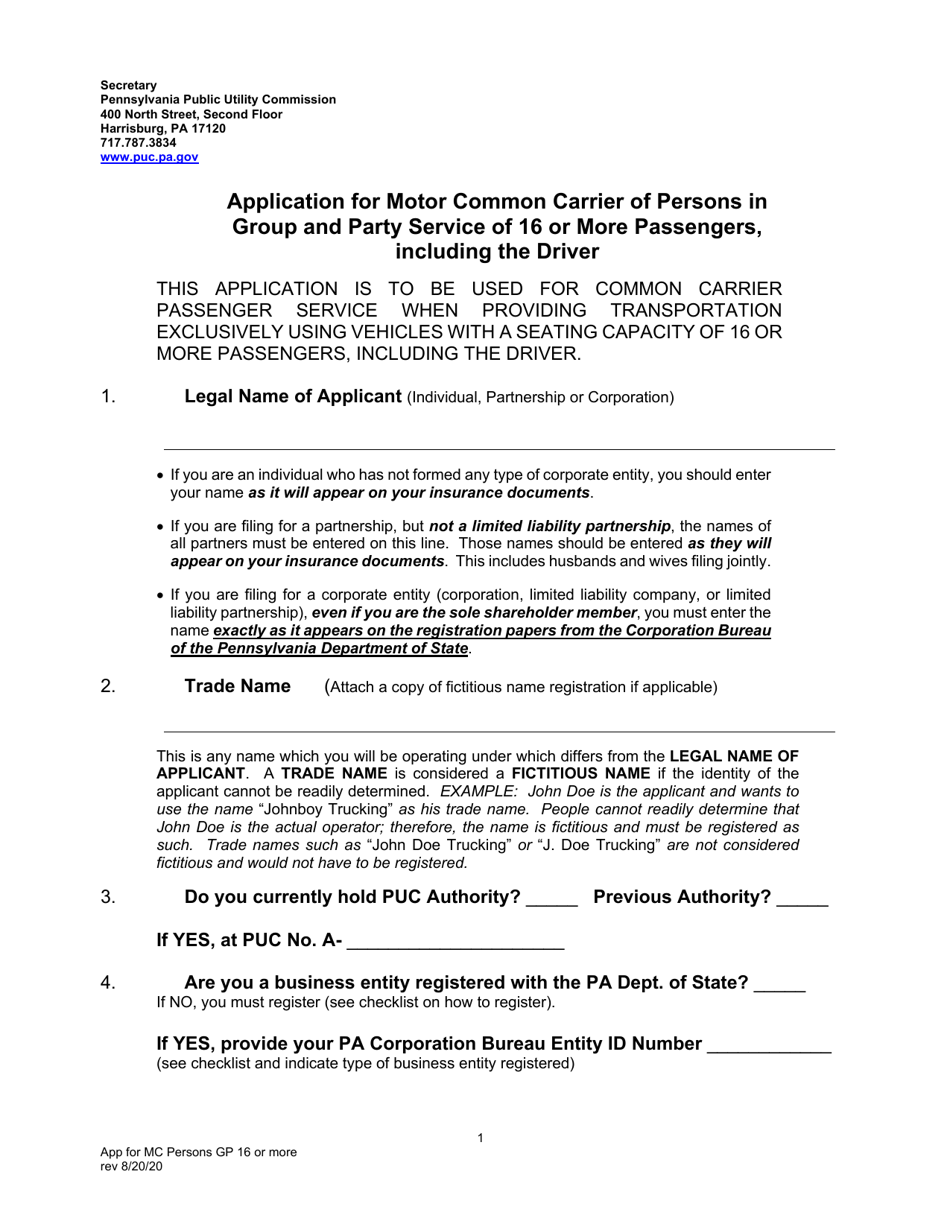 Application for Motor Common Carrier of Persons in Group and Party Service of 16 or More Passengers, Including the Driver - Pennsylvania, Page 3