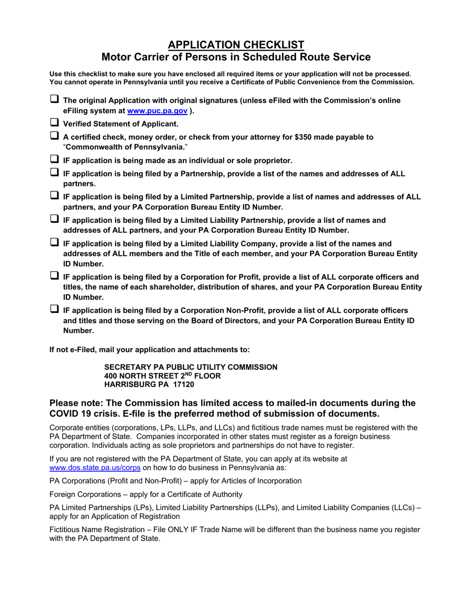 Application for Motor Common Carrier of Persons in Scheduled Route Service - Pennsylvania, Page 1