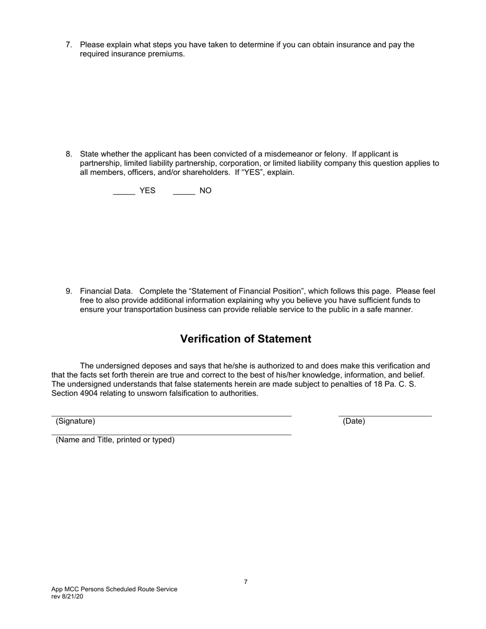 Application for Motor Common Carrier of Persons in Scheduled Route Service - Pennsylvania, Page 9