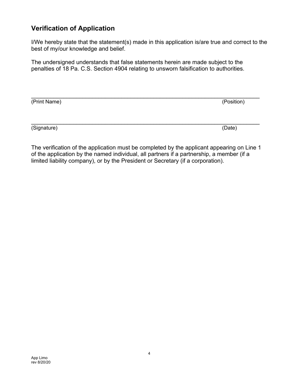 Application for Motor Common Carrier of Persons in Limousine Service - Pennsylvania, Page 6