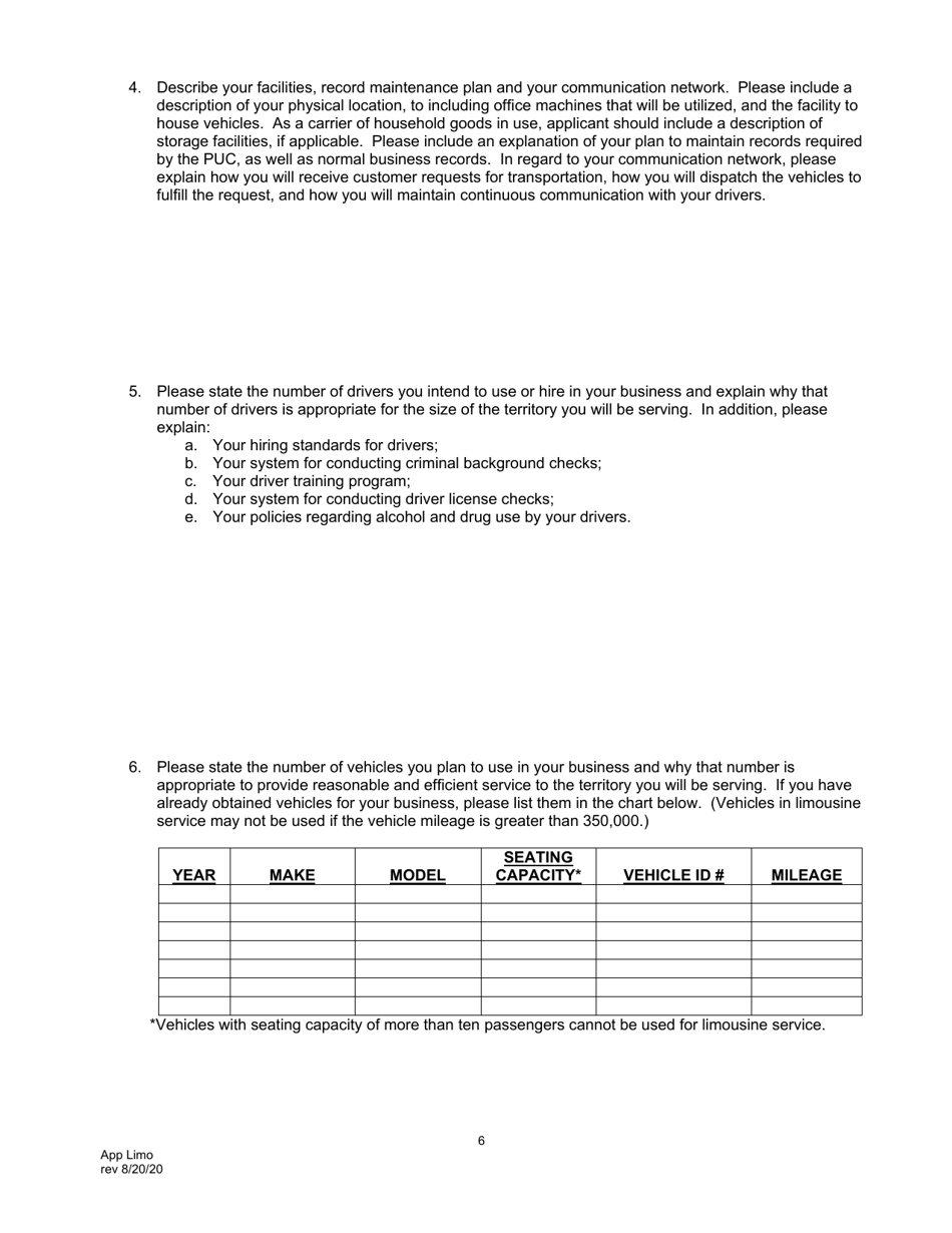 Application for Motor Common Carrier of Persons in Limousine Service - Pennsylvania, Page 8