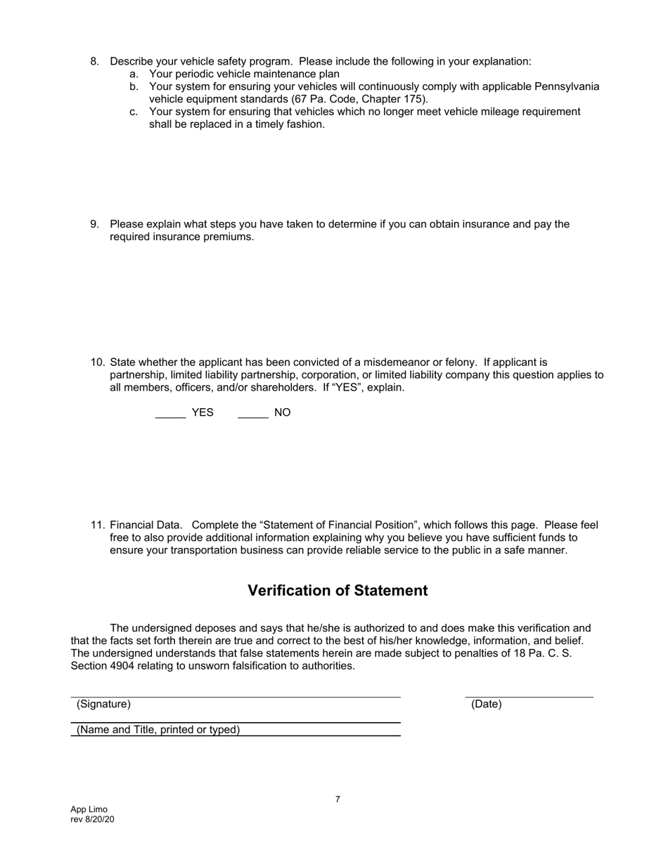Application for Motor Common Carrier of Persons in Limousine Service - Pennsylvania, Page 9