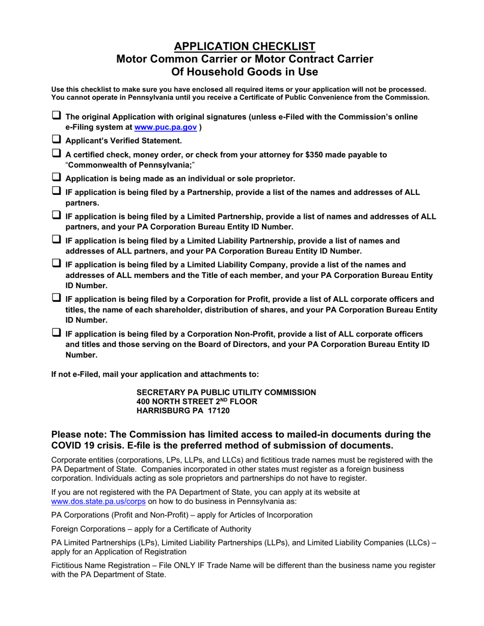 Application for Motor Common Carrier or Motor Contract Carrier of Household Goods in Use - Pennsylvania, Page 1