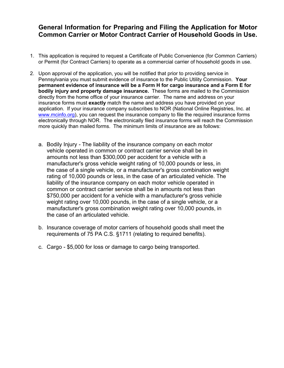 Application for Motor Common Carrier or Motor Contract Carrier of Household Goods in Use - Pennsylvania, Page 2