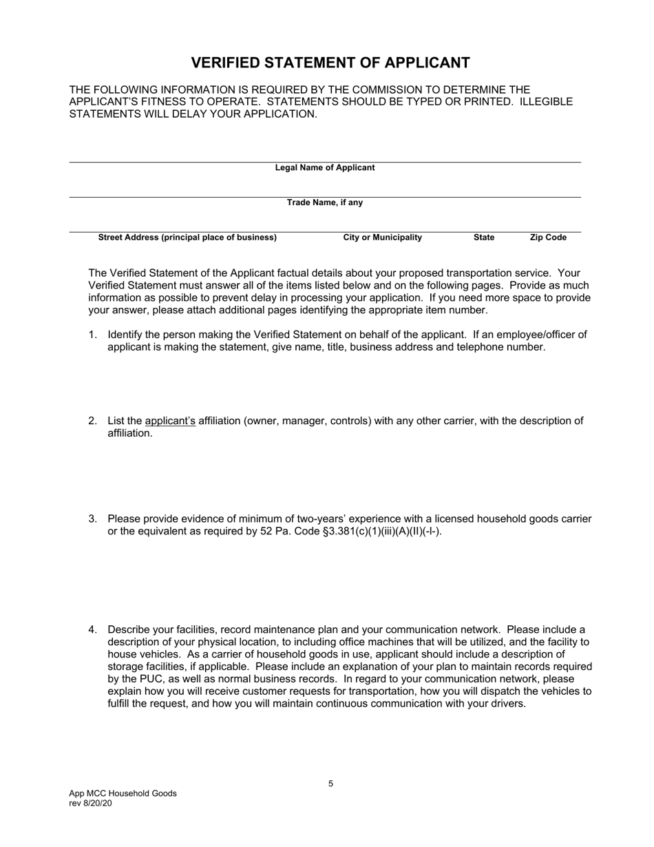 Application for Motor Common Carrier or Motor Contract Carrier of Household Goods in Use - Pennsylvania, Page 7