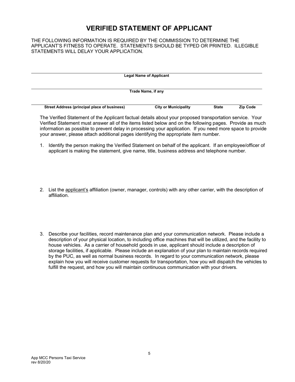 Application for Motor Common Carrier of Persons Upon Call or Demand (Taxi Service) - Pennsylvania, Page 7