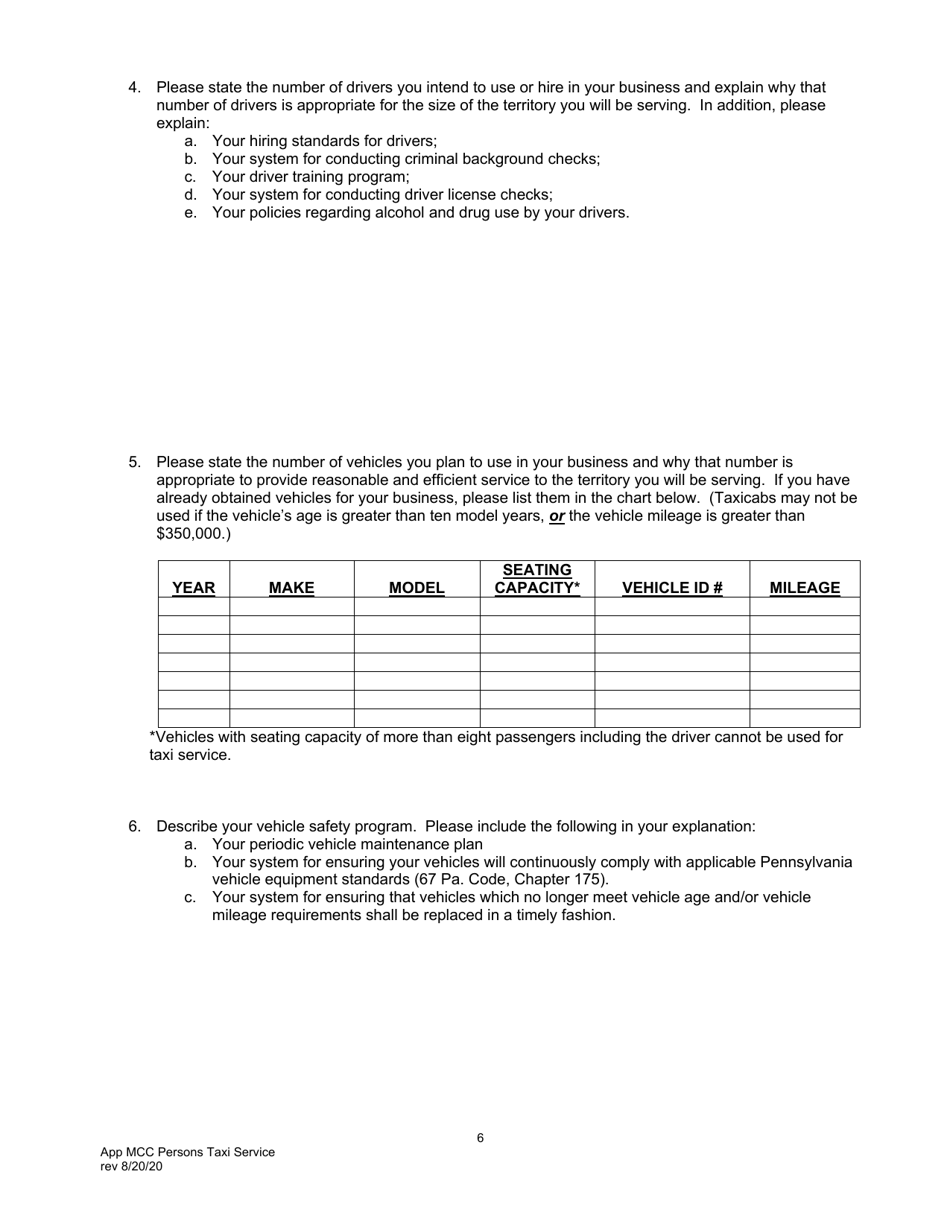 Application for Motor Common Carrier of Persons Upon Call or Demand (Taxi Service) - Pennsylvania, Page 8