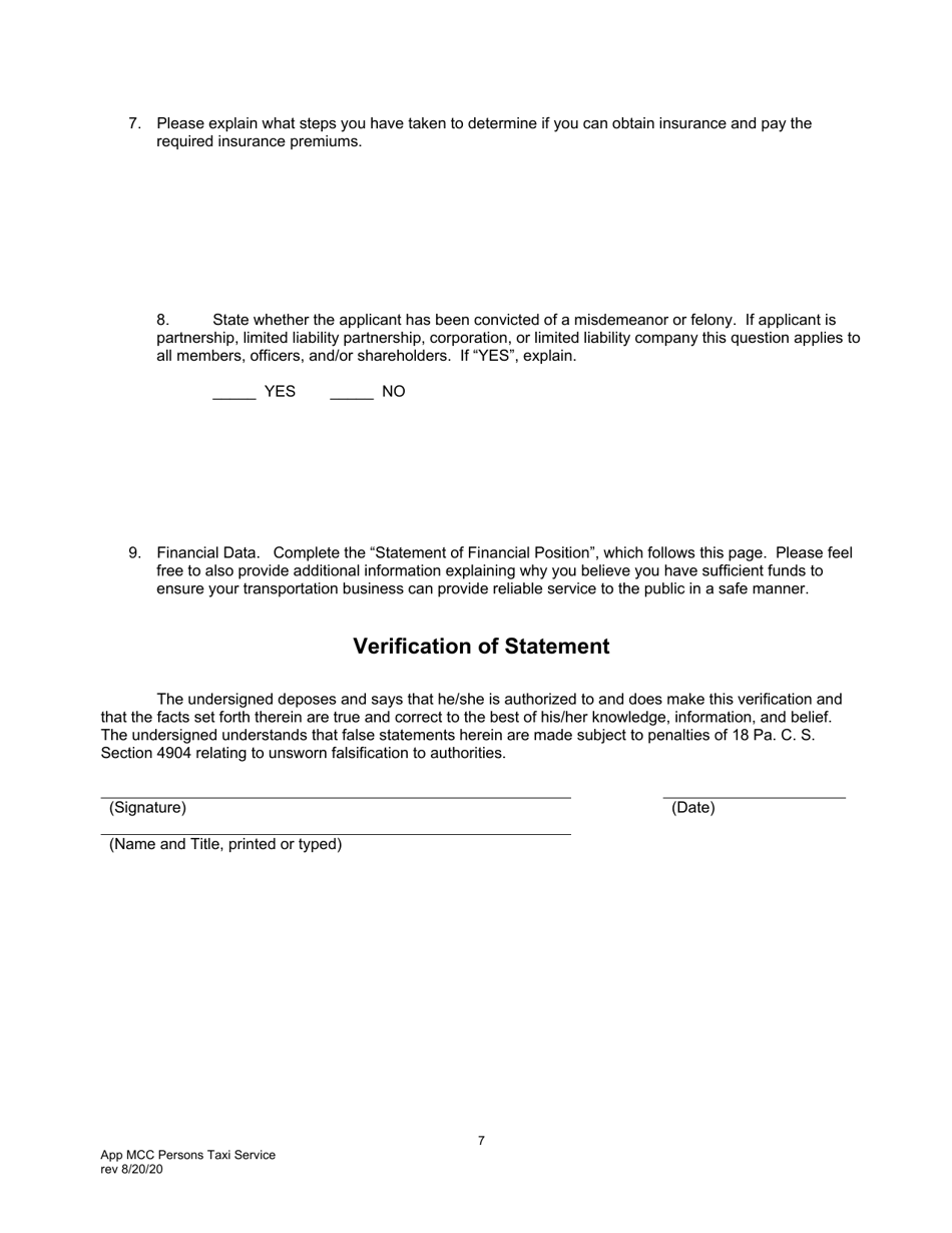 Application for Motor Common Carrier of Persons Upon Call or Demand (Taxi Service) - Pennsylvania, Page 9